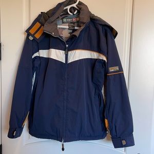 Roxy snowboard coat with removable hood and waist buttons to attach to pants